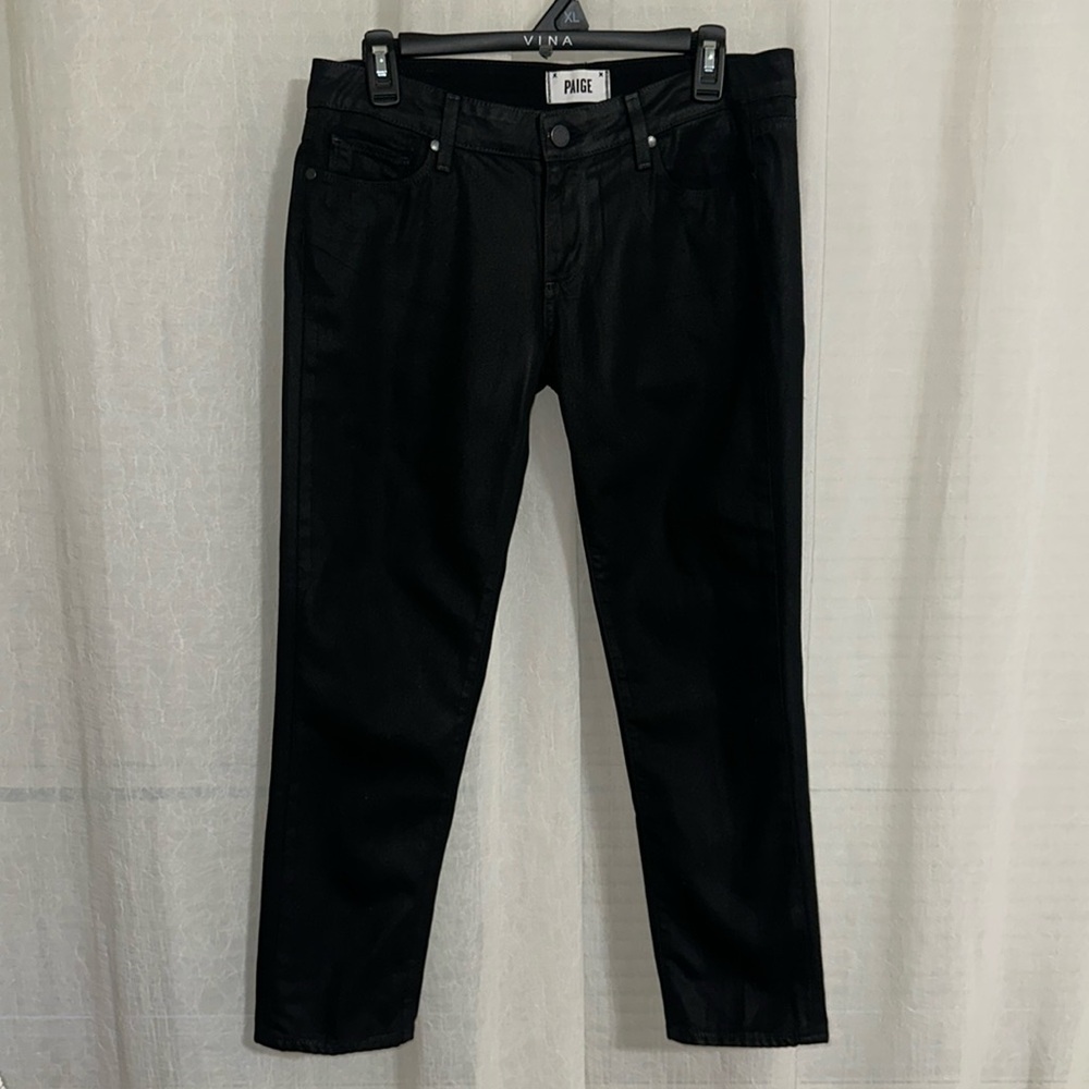 PAIGE 28 Black Luxe Coated Low Rise Crop 25” Straight Stretch Jeans